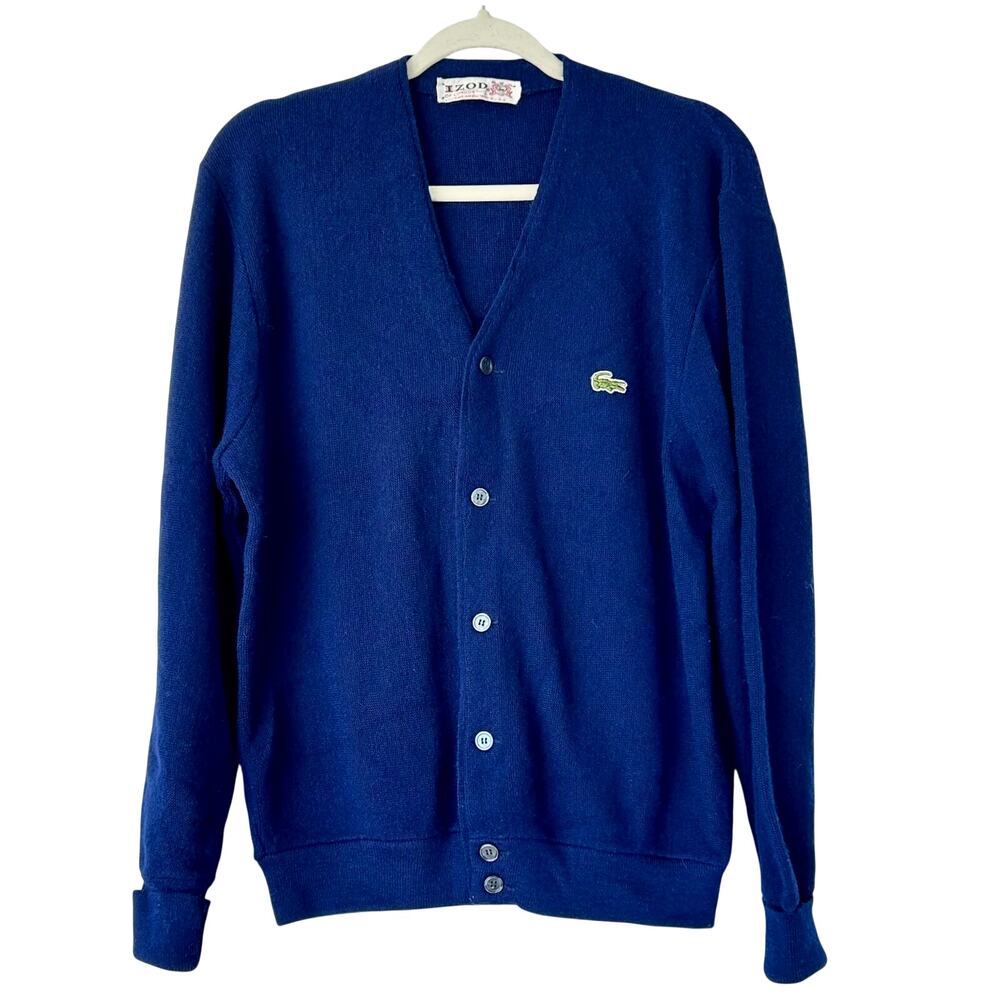 Vintage Izod Lacoste Royal Blue 70s Cardigan Sweater Embroidered Logo USA Made